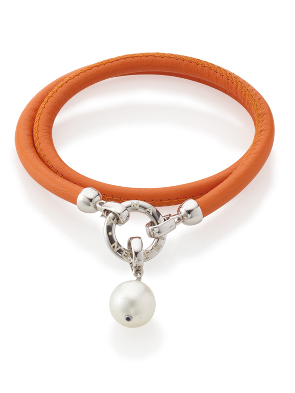Versatile leather bracelet in orange with South Sea pearl pendant