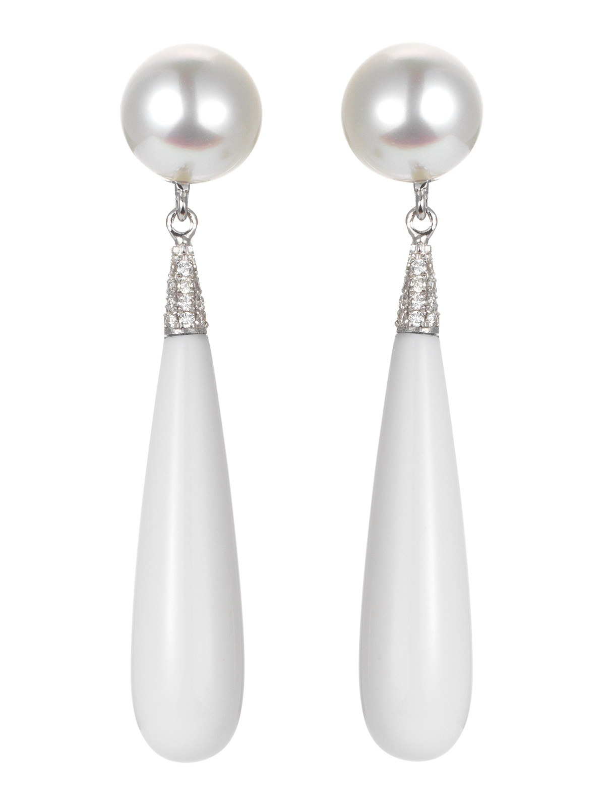 Earrings with white agate, diamonds and South Sea pearls