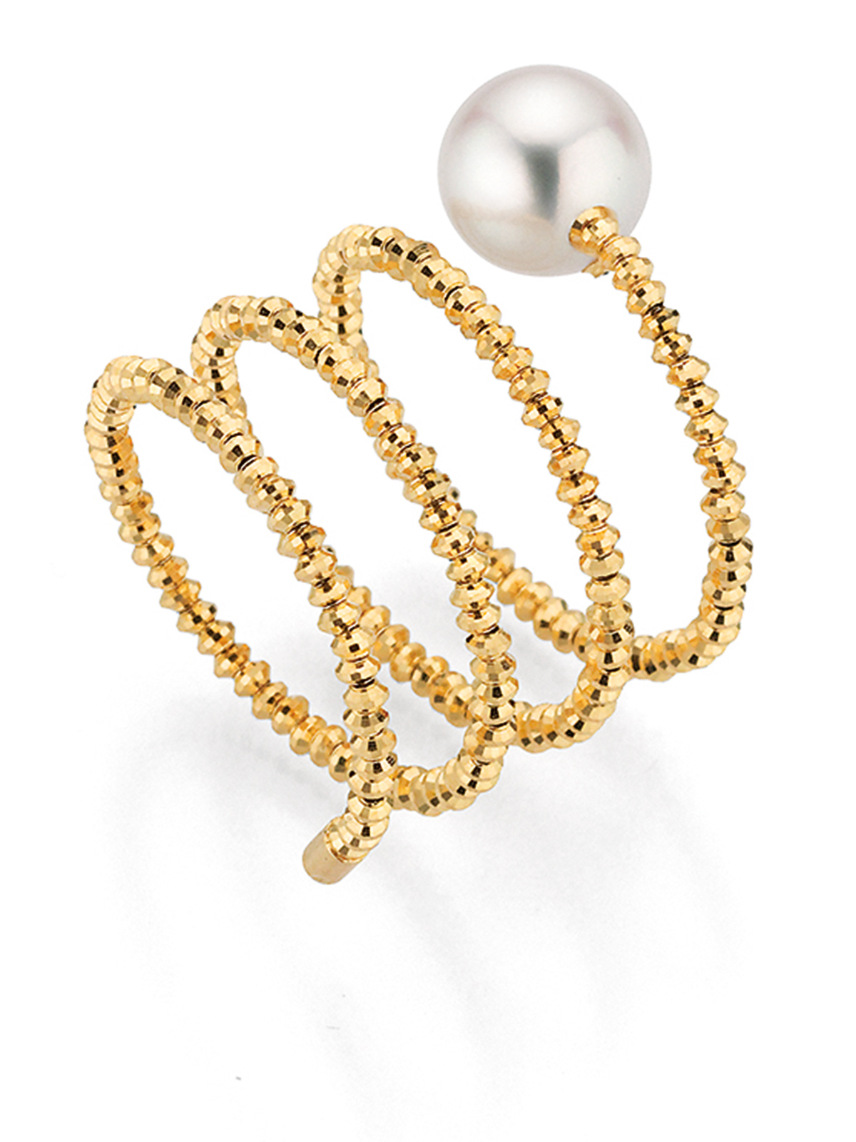 Delicate yellow gold wrap ring with Akoya pearl
