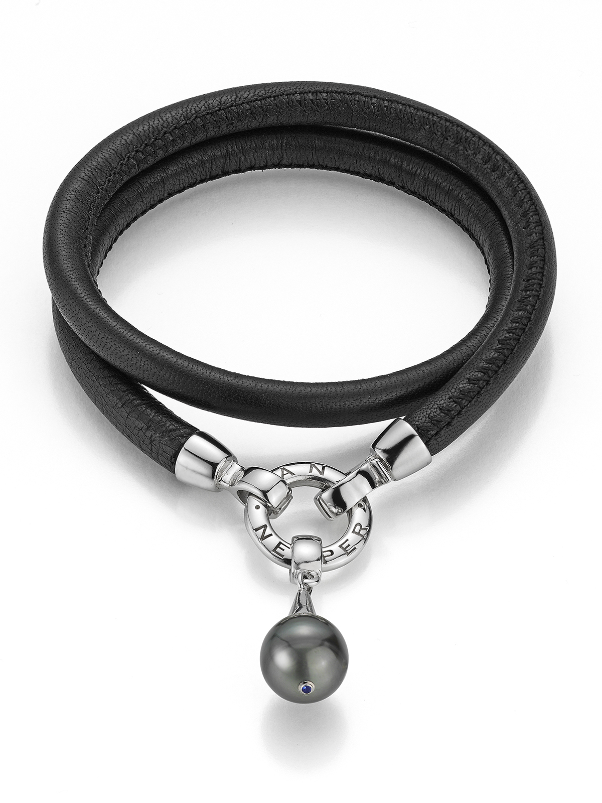 Wandelbares Lederarmband in Schwarz mit Tahiti Perlenanhänger
