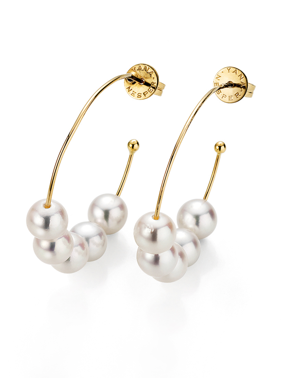 Delicate yellow gold hoops with white pearls