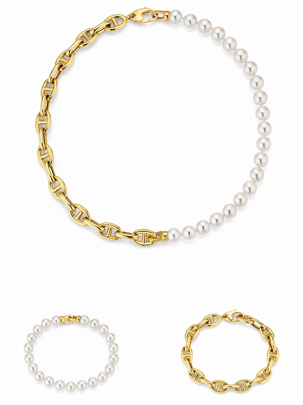3 in 1 pearl necklace with Akoya pearls and maritime yellow gold link chains