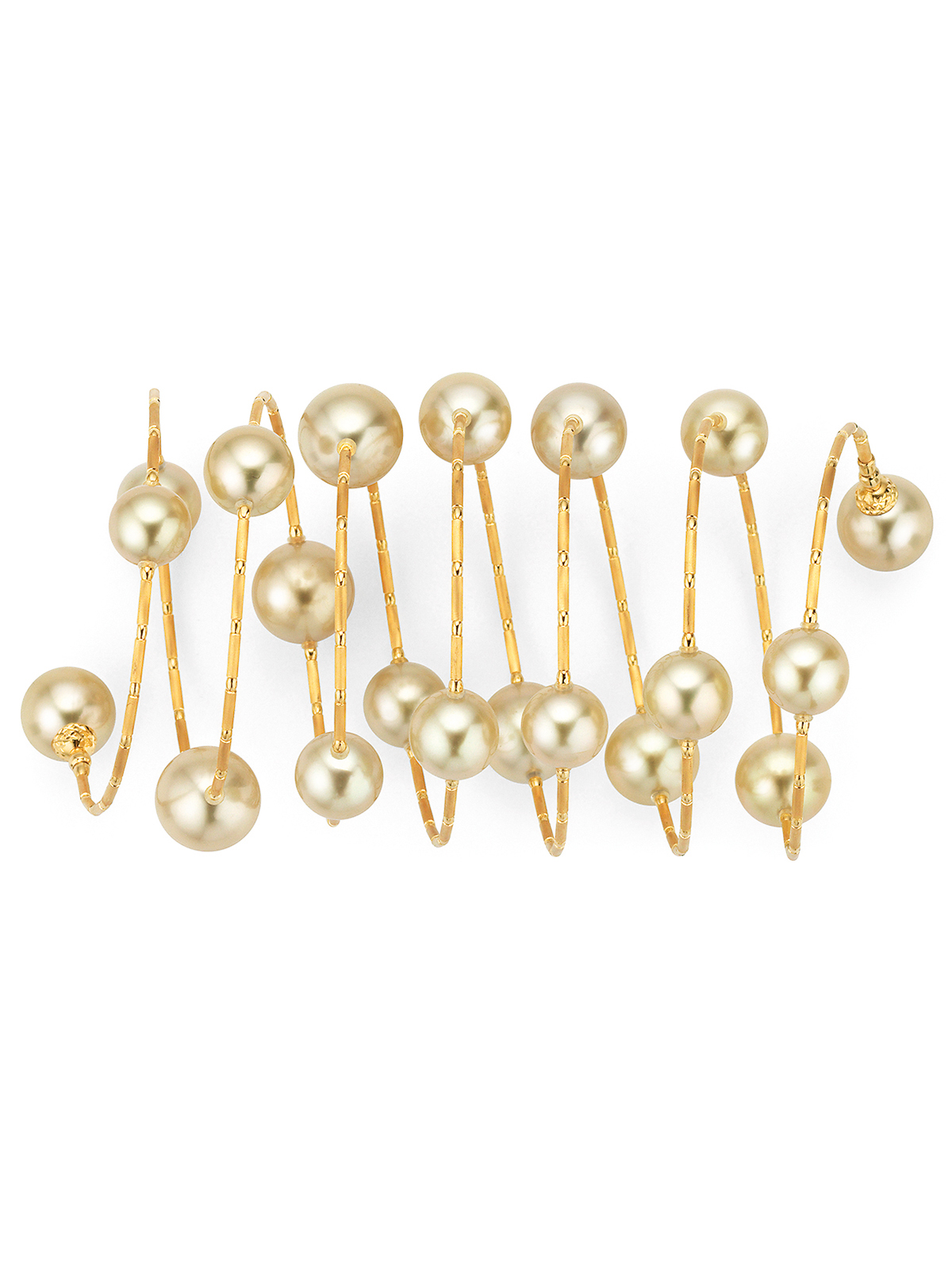 Long, elegant wrapping bracelet in yellow gold with precious South Sea pearls