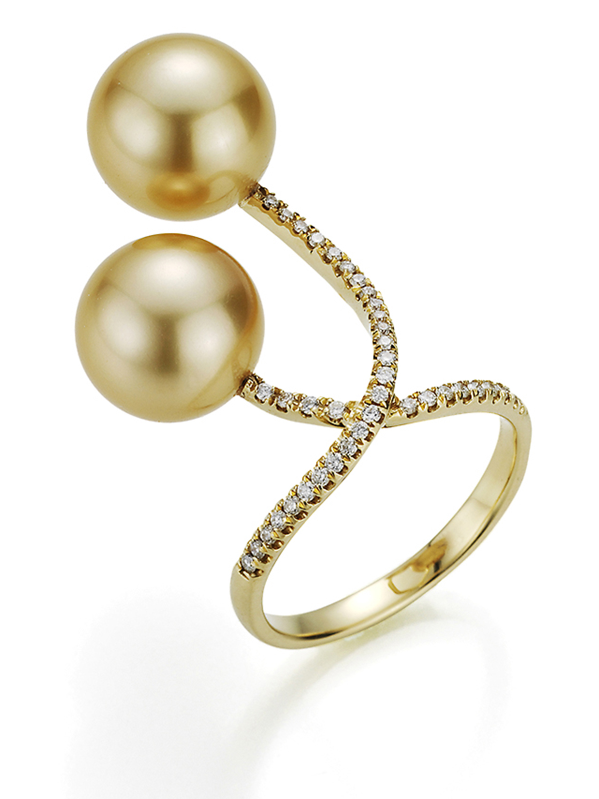 Geschwungener Goldring mit goldfarbenen Südseeperlen und Brillanten