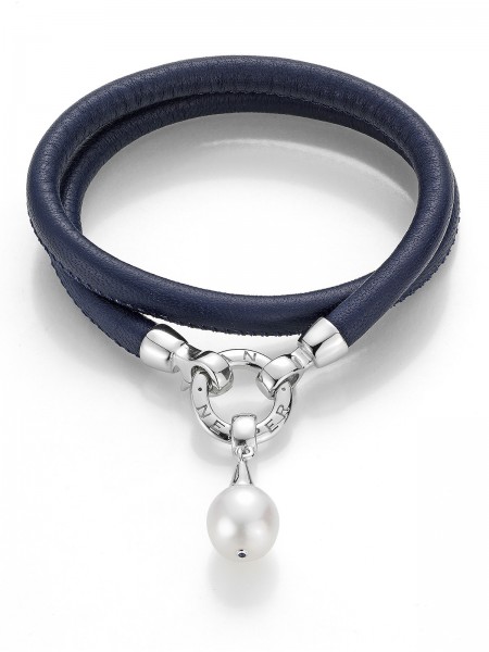 Versatile leather bracelet in navy with South Sea pearl pendant