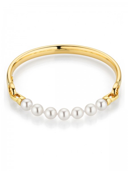 Solid yellow gold bangle with Akoya pearls