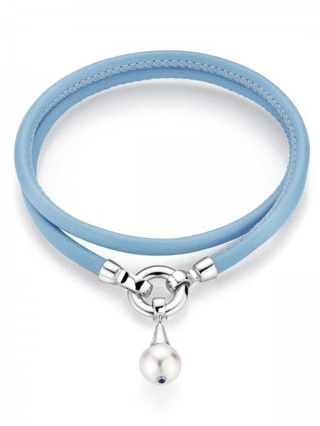 Versatile leather bracelet in blue with Freshwater pearl pendant