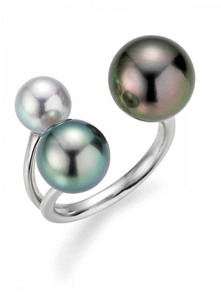 Open white gold ring with multicoloured Tahiti pearls and Akoya pearl