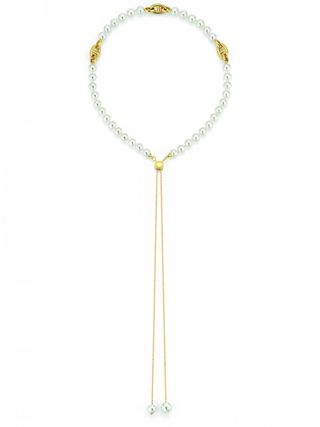Transformable Akoya pearl necklace with slide closure and chain links yellow gold
