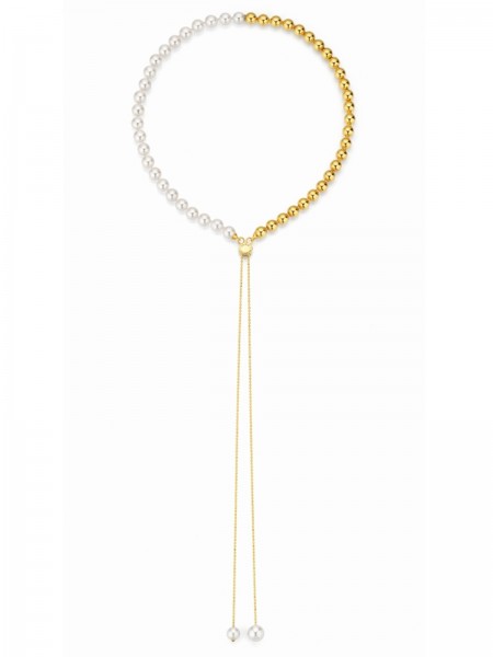 Transformable Akoya pearl necklace with slide closure and balls in yellow gold