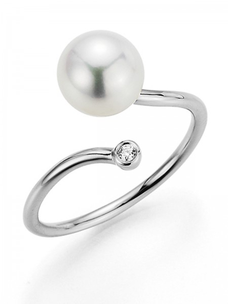 Open curved Akoya pearl ring with diamond in white gold