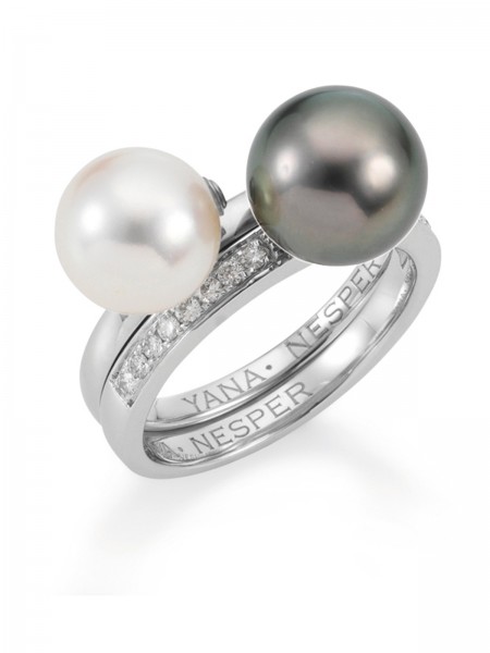Double row ring with Tahiti and South Sea pearls and diamonds