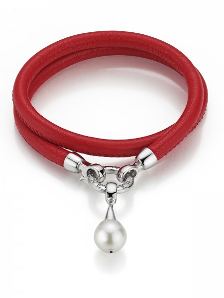 Versatile leather bracelet in red with South Sea pearl pendant