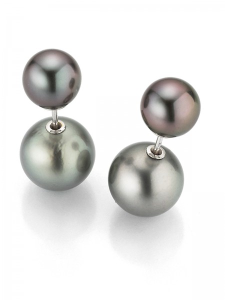 Tahiti pearl stud earrings with dark pearls front and back