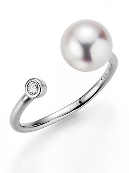 Open Akoya pearl ring with diamond in white gold