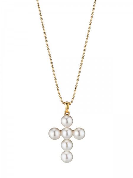 Necklace in yellow gold with Akoya pearl cross pendant