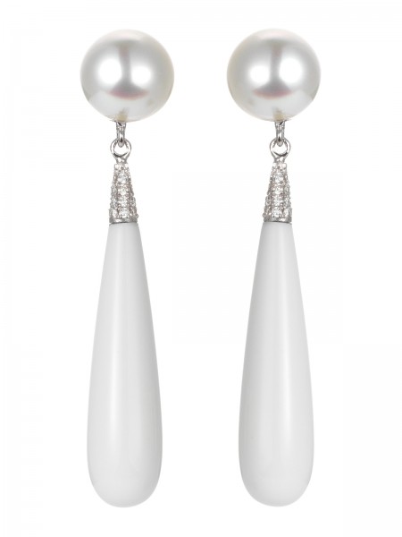 Earrings with white agate, diamonds and South Sea pearls