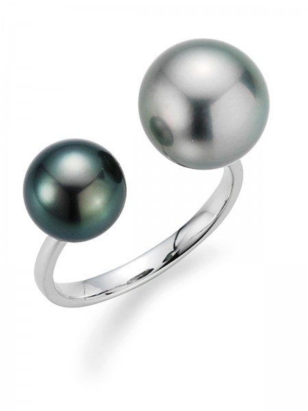 Open designed white gold ring with black and grey Tahiti pearl