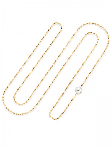 Striking long gold necklace with Akoya pearl