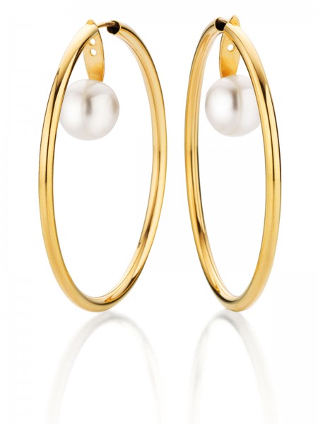 Large yellow gold hoop earrings with detachable pearls